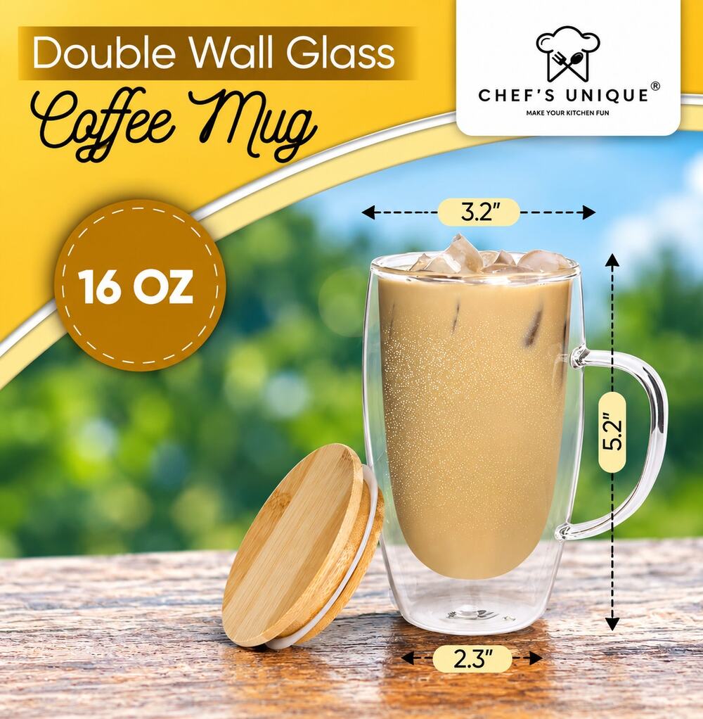 Chef's Unique Double Walled Glass Coffee Mug, 16oz wBamboo Lid